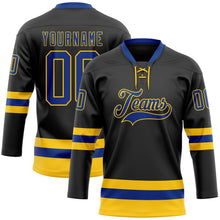 Laden Sie das Bild in den Galerie-Viewer, Uksn Individuelles Schwarz Royalblau-Gelb Eishockey-Trikot mit Schnürkragen
