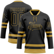 Laden Sie das Bild in den Galerie-Viewer, Uksn Individuelles Schwarz Altgold Eishockey-Trikot mit Schnürkragen
