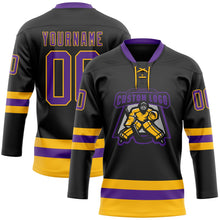 Laden Sie das Bild in den Galerie-Viewer, Uksn Individuelles Schwarz Violett-Gold Eishockey-Trikot mit Schnürkragen
