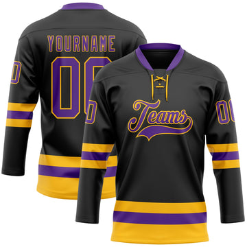 Uksn Individuelles Schwarz Violett-Gold Eishockey-Trikot mit Schnürkragen