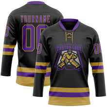 Laden Sie das Bild in den Galerie-Viewer, Uksn Individuelles Schwarz Violett-Altgold Eishockey-Trikot mit Schnürkragen
