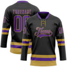 Laden Sie das Bild in den Galerie-Viewer, Uksn Individuelles Schwarz Violett-Altgold Eishockey-Trikot mit Schnürkragen
