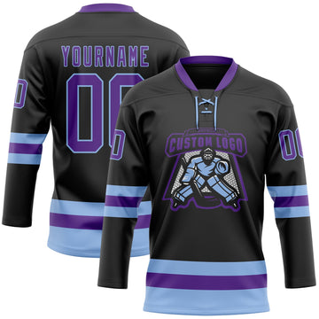 Uksn Individuelles Schwarz Violett-Hellblau Eishockey-Trikot mit Schnürkragen