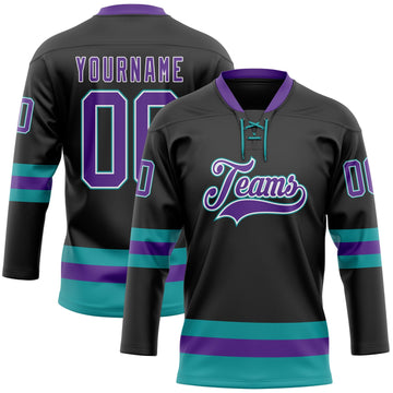 Uksn Individuelles Schwarz Violett-Petrol Eishockey-Trikot mit Schnürkragen