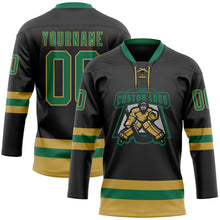 Laden Sie das Bild in den Galerie-Viewer, Uksn Individuelles Schwarz Kelly-Grün-Altgold Eishockey-Trikot mit Schnürkragen
