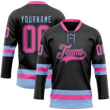 Laden Sie das Bild in den Galerie-Viewer, Uksn Individuelles Schwarz Pink-Hellblau Eishockey-Trikot mit Schnürkragen
