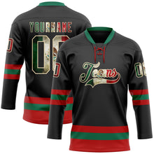 Laden Sie das Bild in den Galerie-Viewer, Uksn Individuelles Schwarz Vintage Mexikanische Flagge Creme Rot-Kelly-Grün Eishockey-Trikot mit Schnürkragen
