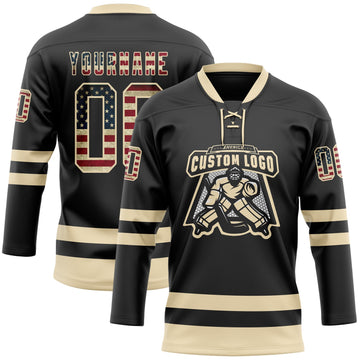Uksn Individuelles Schwarz Vintage USA-Flagge-Creme Eishockey-Trikot mit Schnürkragen