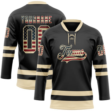Uksn Individuelles Schwarz Vintage USA-Flagge-Creme Eishockey-Trikot mit Schnürkragen