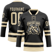 Laden Sie das Bild in den Galerie-Viewer, Uksn Individuelles Schwarz Creme Eishockey-Trikot mit Schnürkragen

