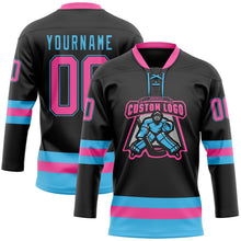 Laden Sie das Bild in den Galerie-Viewer, Uksn Individuelles Schwarz Pink-Himmelblau Eishockey-Trikot mit Schnürkragen
