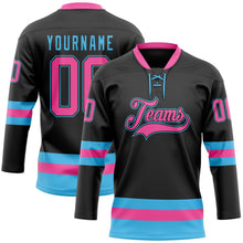 Laden Sie das Bild in den Galerie-Viewer, Uksn Individuelles Schwarz Pink-Himmelblau Eishockey-Trikot mit Schnürkragen
