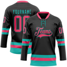 Laden Sie das Bild in den Galerie-Viewer, Uksn Individuelles Schwarz Neonpink-Aqua Eishockey-Trikot mit Schnürkragen

