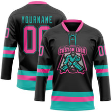 Laden Sie das Bild in den Galerie-Viewer, Uksn Individuelles Schwarz Pink-Aqua Eishockey-Trikot mit Schnürkragen
