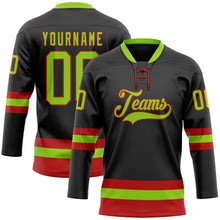 Laden Sie das Bild in den Galerie-Viewer, Uksn Individuelles Schwarz Neongrün-Rot Eishockey-Trikot mit Schnürkragen
