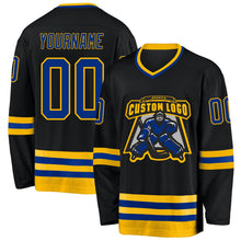 Laden Sie das Bild in den Galerie-Viewer, Uksn Individuelles Schwarz Royalblau-Gold Eishockey-Trikot
