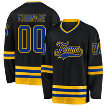 Laden Sie das Bild in den Galerie-Viewer, Uksn Individuelles Schwarz Royalblau-Gold Eishockey-Trikot
