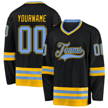 Laden Sie das Bild in den Galerie-Viewer, Uksn Individuelles Schwarz Hellblau-Gold Eishockey-Trikot
