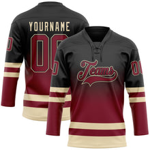 Laden Sie das Bild in den Galerie-Viewer, Uksn Individuelles Schwarz Karmesinrot-Creme Fade-Design Eishockey-Trikot mit Schnürkragen
