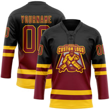 Laden Sie das Bild in den Galerie-Viewer, Uksn Individuelles Schwarz Karmesinrot-Gelb Fade-Design Eishockey-Trikot mit Schnürkragen

