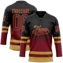 Laden Sie das Bild in den Galerie-Viewer, Uksn Individuelles Schwarz Karmesinrot-Altgold Fade-Design Eishockey-Trikot mit Schnürkragen
