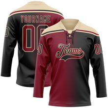 Laden Sie das Bild in den Galerie-Viewer, Uksn Individuelles Schwarz Karmesinrot-City-Creme Verlaufsdesign Eishockey-Trikot mit Schnürkragen
