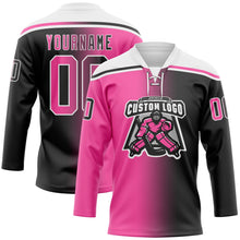 Laden Sie das Bild in den Galerie-Viewer, Uksn Individuelles Schwarz Pink-Weiß Verlaufsdesign Eishockey-Trikot mit Schnürkragen

