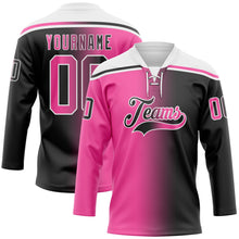 Laden Sie das Bild in den Galerie-Viewer, Uksn Individuelles Schwarz Pink-Weiß Verlaufsdesign Eishockey-Trikot mit Schnürkragen
