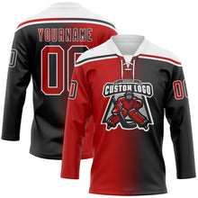 Laden Sie das Bild in den Galerie-Viewer, Uksn Individuelles Schwarz Rot-Weiß Verlaufsdesign Eishockey-Trikot mit Schnürkragen
