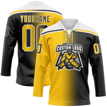Laden Sie das Bild in den Galerie-Viewer, Uksn Individuelles Schwarz Gelb-Weiß Verlaufsdesign Eishockey-Trikot mit Schnürkragen
