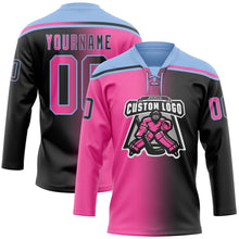 Laden Sie das Bild in den Galerie-Viewer, Uksn Individuelles Schwarz Pink-Hellblau Verlaufsdesign Eishockey-Trikot mit Schnürkragen
