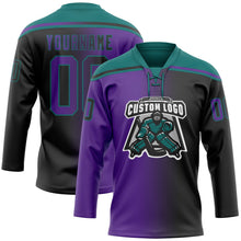 Laden Sie das Bild in den Galerie-Viewer, Uksn Individuelles Schwarz Violett-Petrol Verlaufsdesign Eishockey-Trikot mit Schnürkragen
