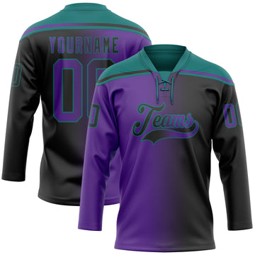 Uksn Individuelles Schwarz Violett-Petrol Verlaufsdesign Eishockey-Trikot mit Schnürkragen