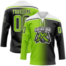 Laden Sie das Bild in den Galerie-Viewer, Uksn Individuelles Schwarz Neongrün-Weiß Verlaufsdesign Eishockey-Trikot mit Schnürkragen
