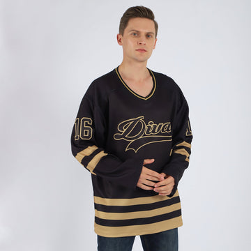 Uksn Individuelles Schwarz Schwarz-Altgold Eishockey-Trikot