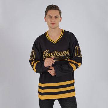 Uksn Individuelles Schwarz Schwarz-Gold Eishockey-Trikot