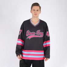 Laden Sie das Bild in den Galerie-Viewer, Uksn Individuelles Schwarz Pink-Hellblau Eishockey-Trikot
