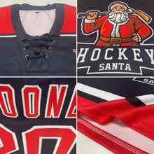 Laden Sie das Bild in den Galerie-Viewer, Uksn Individuelles Schwarz Rot-Weiß Weihnachtsmann 3D Eishockey-Trikot mit Schnürkragen

