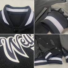 Laden Sie das Bild in den Galerie-Viewer, Uksn Individuelles Bomberjacke in Schwarz-Schwarz-Weiß mit Druckknopfleiste und Varsity-Letterman-Stil
