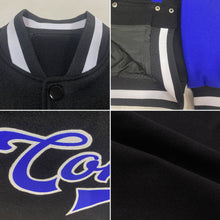 Laden Sie das Bild in den Galerie-Viewer, Uksn Individuelles Bomberjacke in Schwarz-Royalblau-Weiß mit Druckknopfleiste, Zweifarben-Design und Varsity-Letterman-Stil
