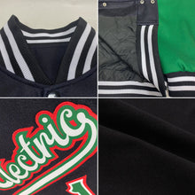 Laden Sie das Bild in den Galerie-Viewer, Uksn Individuelles Bomberjacke in Schwarz-Kelly-Grün-Rot mit 3D-Mexiko-Design, Druckknopfleiste, Zweifarben-Design und Varsity-Letterman-Stil
