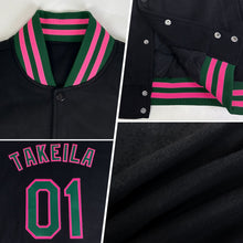 Laden Sie das Bild in den Galerie-Viewer, Uksn Individuelles Bomberjacke in Schwarz-Pink-Aqua mit Druckknopfleiste und Varsity-Letterman-Stil
