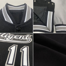 Laden Sie das Bild in den Galerie-Viewer, Uksn Individuelles Bomberjacke in Schwarz-Weiß-Grau mit Druckknopfleiste, Zweifarben-Design und Varsity-Letterman-Stil
