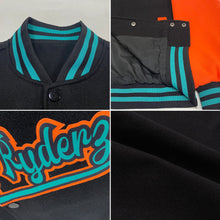 Laden Sie das Bild in den Galerie-Viewer, Uksn Individuelles Bomberjacke in Schwarz-Orange-Petrol mit Druckknopfleiste, Zweifarben-Design und Varsity-Letterman-Stil
