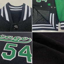 Laden Sie das Bild in den Galerie-Viewer, Uksn Individuelles Bomberjacke in Schwarz-Kelly-Grün-Weiß mit Druckknopfleiste, Zweifarben-Design und Varsity-Letterman-Stil
