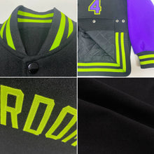 Laden Sie das Bild in den Galerie-Viewer, Uksn Individuelles Bomberjacke in Schwarz-Violett-Neongrün mit Druckknopfleiste, Zweifarben-Design und Varsity-Letterman-Stil
