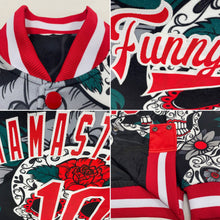Laden Sie das Bild in den Galerie-Viewer, Uksn Individuelles Bomberjacke in Schwarz-Rot-Weiß mit 3D-Totenkopf-Design, Druckknopfleiste und Varsity-Letterman-Stil
