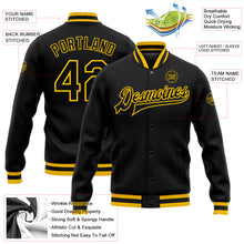 Laden Sie das Bild in den Galerie-Viewer, Uksn Individuelles Bomberjacke in Schwarz-Schwarz-Gold mit Druckknopfleiste und Varsity-Letterman-Stil
