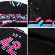 Laden Sie das Bild in den Galerie-Viewer, Uksn Individuelles Bomberjacke in Schwarz-Pink-Hellblau mit Druckknopfleiste und Varsity-Letterman-Stil
