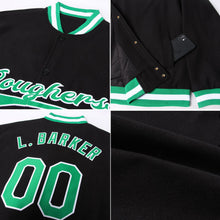 Laden Sie das Bild in den Galerie-Viewer, Uksn Individuelles Bomberjacke in Schwarz-Kelly-Grün-Weiß mit Druckknopfleiste und Varsity-Letterman-Stil
